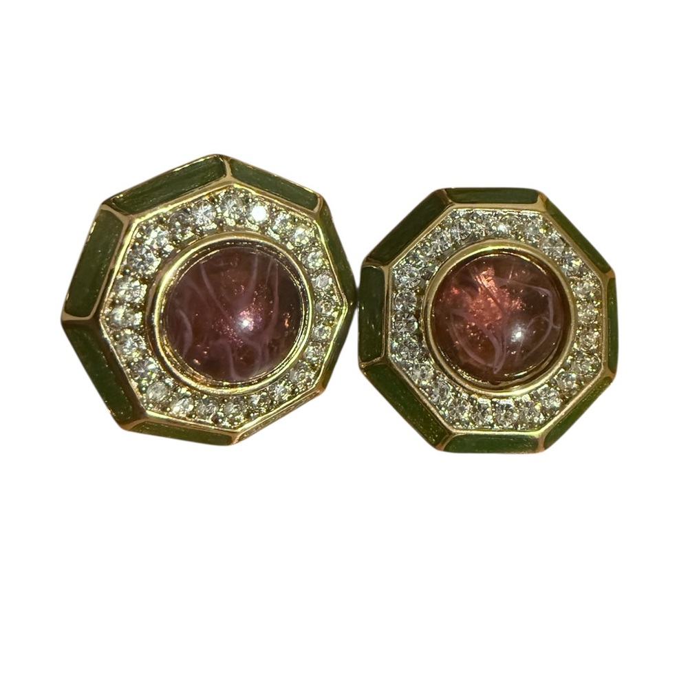 St. John vintage Clip On Rhinestone Centralized Glass Cabochon Earrings